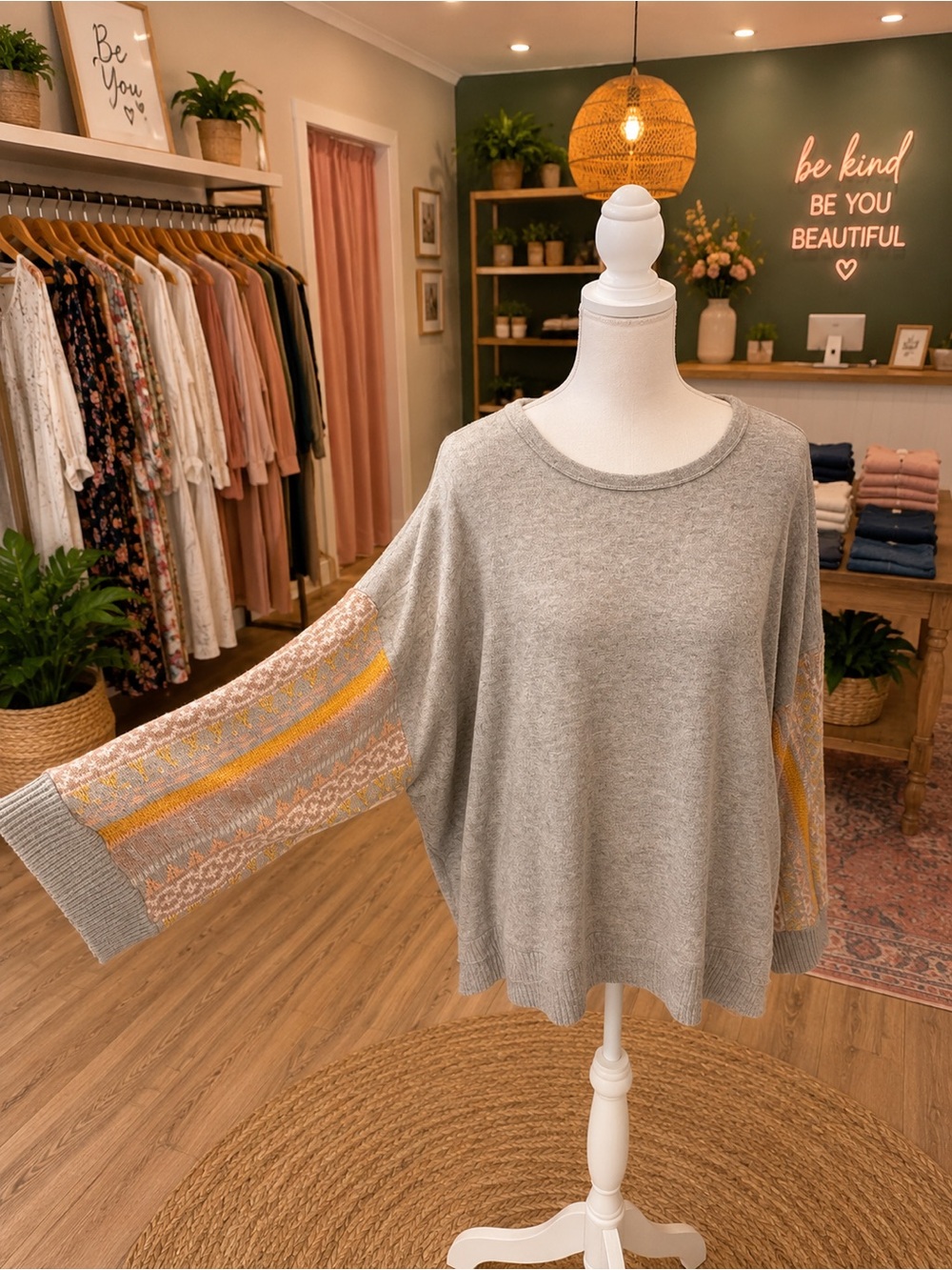 Easel Gray Oversized Sweater Top Boho Knit Sleeve Wide Sleeve Medium